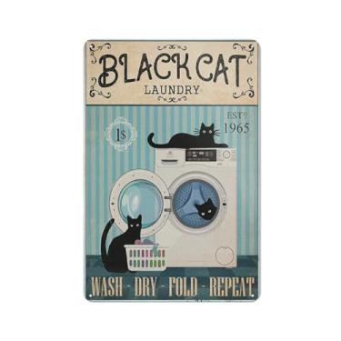 Imagem de Placa de metal retrô decoração de parede gato preto lavagem a seco dobrar repetir - decoração de lavanderia, decoração de casa, placa de parede de alumínio vintage banheiro placa de parede 20 x 30 cm