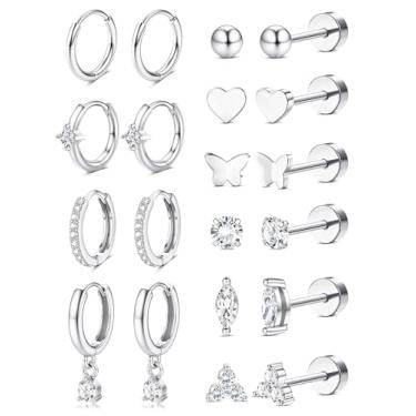 Imagem de Jstyle Brincos de argola banhados a ouro 14K para mulheres, hipoalergênicos, de aço cirúrgico, brincos de prata com costas planas, conjuntos de brincos modernos de cartilagem de hélice pequena CZ para