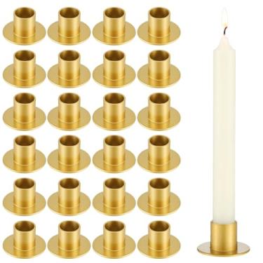Imagem de Pacote com 24 castiçais dourados afunilados a granel para velas de pilar, castiçais metálicos curtos finos retrô planos dourados para decoração de mesa de jantar de Ação de Graças no Natal