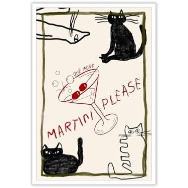 Imagem de Pôster de gato preto Martini vintage vermelho martini vidro coquetel arte de parede bonito estranho e peculiar amante de gatos impressão estética pintura para casa quarto dormitório decoração de