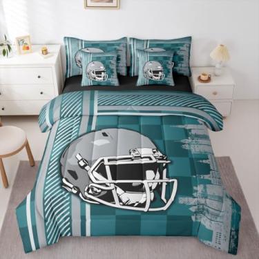 Imagem de Erosebridal Jogo de cama solteiro de futebol americano, cidade de futebol americano, 7 peças, jogo de cama com capacete de rúgbi, jogos competitivos, cinza, menta, turquesa (Filadélfia)