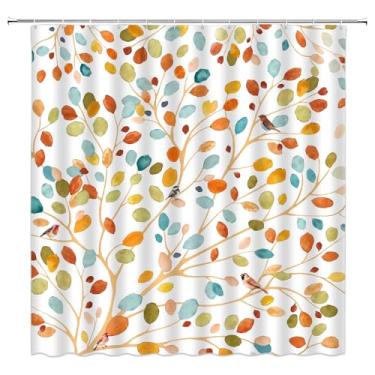 Imagem de FJLLFJ Cortina de chuveiro floral boho, folha colorida, planta botânica, aquarela, laranja, azul, amarela, poliéster, cortina de banheiro com 12 ganchos, decoração de casa de banheira, 177 x 177 cm