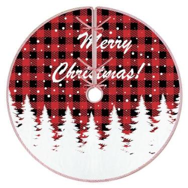 Imagem de Lengues Saia de árvore de Natal de floresta xadrez vermelha, 121 cm, flocos de neve na floresta de inverno, saias para árvore de Natal, tapete para decoração de casa, decoração de casa