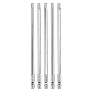 Imagem de HARFINGTON 5 peças T30 Torx Bit 1/10.2 cm haste sextavada 15 cm de comprimento S2 aço magnético resistente à adulteração cabeça Torx com furo grau industrial para brocas de chave remover parafusos de