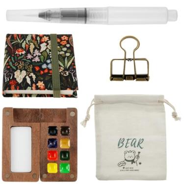 Imagem de Mini conjunto de tinta aquarela portátil conjunto de paleta de tinta de viagem com livro, paleta de aquarela de artista de bolso pequeno com caneta de pintura e clipe para pintura em aquarela