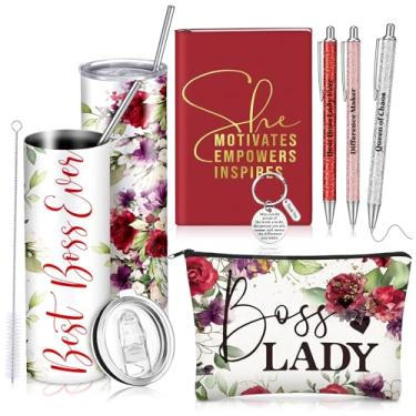 Imagem de Skylety Conjunto de 7 peças de presentes de Natal para mulheres, Best Boss Ever Gift Idea 590 ml, copo de aço inoxidável, bolsa de maquiagem, notebook, porta-chaves, canetas esferográficas, presentes