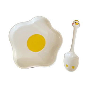 Imagem de FENOKD 1 conjunto de pratos de cerâmica pintados à mão, bandeja de sobremesa, copos de sorvete, tigelas de sobremesa, panelas de gelatina, bandeja de frutas de grés, colheres de manteiga, tampa, prato