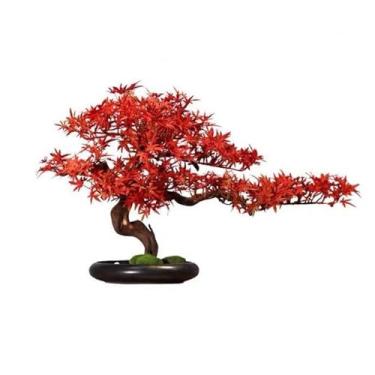 Imagem de KUYBTU Árvores artificiais vasos plantas simulação folha de bordo vermelho planta bonsai sala de estar armário de TV entrada paisagismo ornamentos decorativos bonsai artificial plantas artificiais