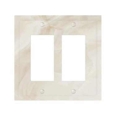 Imagem de Naiqadnehz Capas decorativas de mármore bege textura de pedra padrão 2 gangues interruptor duplo interruptor de luz placa de interruptor elétrico capa placa de parede GFCI para decoração de quarto e