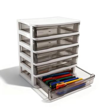 Imagem de Compartimento de armazenamento de mesa com gaveta de 5 camadas - Pequeno organizador de plástico com gavetas transparentes e moldura branca, mini estojo para guardar artesanato, acessórios e artigos