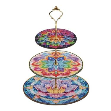 Imagem de Suporte de bolo de madeira com pintura de diamante de três camadas, faça você mesmo, pintura de diamante de girassol, bandeja forrada com toalha em camadas, suporte reutilizável de pastelaria (flor de