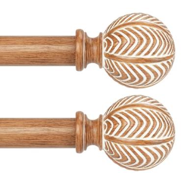 Imagem de Pacote com 2 varões de cortina de madeira para janelas de 71 a 152 cm, poste decorativo de madeira resistente, hastes de cortina rústicas ajustáveis Boho com acabamento de imitação de madeira antigo