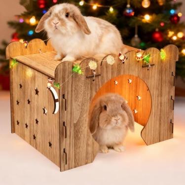 Imagem de Orekemo Casa de coelho de madeira com luzes LED, casa de coelho fácil de desmontar, pequeno castelo para esconder para coelho, hamster, porquinho-da-índia, chinchila. Gaiola de madeira para hamster