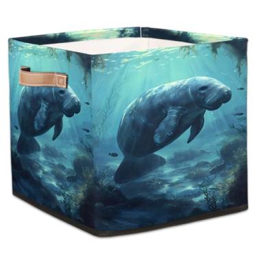 Imagem de hongjinglin Cestos dobráveis de armazenamento em cubos animais peixe-boi azul caixas dobráveis brinquedo infantil com alças organizador de tecido cesto organizador para berçário, sala de estar, quarto