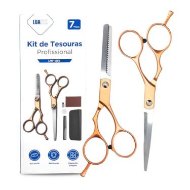 Imagem de Kit Tesoura Barbeiro Profissional Cabeleireiro Tesouras Dentada e Laser Com Estojo Conjunto Conjunto Completo (Dourado)