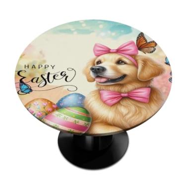 Imagem de hongjinglin Toalha de mesa redonda com borda elástica de Páscoa, toalha de mesa redonda limpável para ambientes internos e externos, pátio, jantar, cozinha, festival, decoração para mesas de 101 a 111