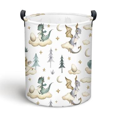 Imagem de Cesto de roupa suja de dinossauro, cesto de roupa Oxford dobrável à prova d'água, cesta de armazenamento de brinquedos infantis redonda engraçada como decoração de quarto, dragão fofo, cesto de roupas