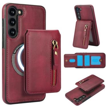 Imagem de Carteira destacável compatível com carregamento sem fio Magsafe para Samsung Galaxy S24 FE capa com suporte para cartão, bolso com zíper, suporte 2 em 1 capa à prova de choque (vinho)