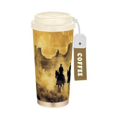 Imagem de SEHANY Caneca de viagem vintage caubói ocidental 482 g xícaras de café reutilizáveis revestidas de cerâmica com tampa à prova de vazamento, parede dupla, isolamento a vácuo, copo de café de aço