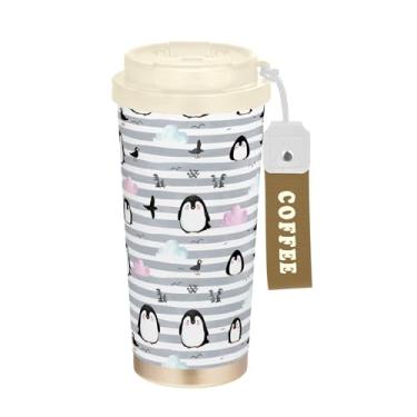 Imagem de SEHANY Caneca de viagem de pinguim fofa de 482 g Copos de café reutilizáveis revestidos de cerâmica com tampa à prova de vazamento, parede dupla, isolamento a vácuo, copo de café de aço inoxidável