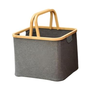 Imagem de Fenteer Cesto de armazenamento dobrável para organização doméstica Cesto de roupas sujas Cesto de armazenamento com alça de madeira para banheiro Brinquedos, CINZA