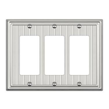 Imagem de Placa de parede de metal para tomadas elétricas, placa decorativa de níquel escovado, capa de interruptor de luz, placas de parede de 3 gangs (descoretor triplo, 1 pacote)