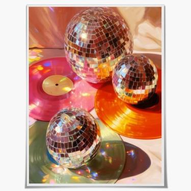 Imagem de Bolas de discoteca em vários tamanhos em tela de discos de vinil coloridos, arte de parede - Design reflexivo brilhante retrô para festa Vibe Art Print Poster para sala de estar quarto decoração de