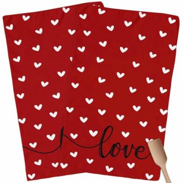 Imagem de Conjunto de 2 toalhas de cozinha para o dia dos namorados, conjunto de 2 toalhas de prato e panos de prato com coração de amor, toalha de chá, romântico, vermelho, preto, toalhas de mão absorventes