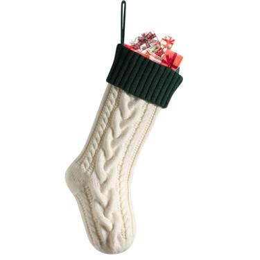 Imagem de Linpr Meias de Natal de 45,7 cm com design de cabo trançado grande, decorações de festas de fim de ano e presente de manhã de Natal para familiares e amigos, meias de Natal penduradas em lareira