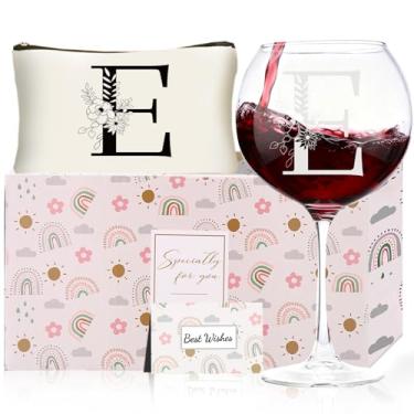 Imagem de Presentes de Natal para mulheres, taças de vinho com monograma com bolsa de maquiagem, presentes exclusivos de elefante branco de casamento para mãe, pai, irmã, professora, esposa, marido (E)