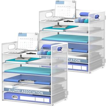 Imagem de Daltack Organizador de papel de 6 camadas para mesa, organizador de papel para mesa, organizadores de arquivos de mesa de malha com alça para escritório, casa, escola, branco, pacote com 2