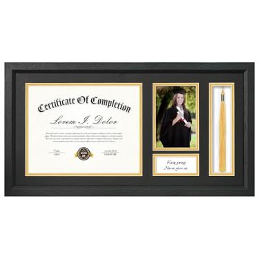 Imagem de Decobility Moldura de diploma 28 x 55 cm com suporte de borla para certificado de 21 x 27 cm e foto 10 x 15 cm, moldura preta de grão de madeira com vidro verdadeiro, tapete texturizado de linho preto