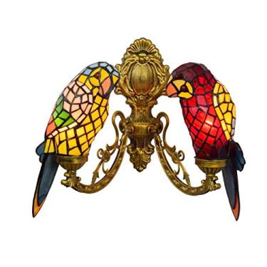 Imagem de Luminária de parede estilo Tiffany com 2 papagaios, em vitral vintage, para quarto, sala de estar, corredor e varanda, soquete E27.