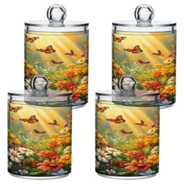 Imagem de STAYTOP 4 frascos de boticário de flores silvestres e borboletas Qtip para banheiro com etiquetas - Recipiente de armazenamento Qtip de plástico transparente para bola de algodão, cotonete, grão de