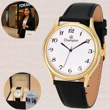 Imagem de Relogio Champion CH22233M Feminino Pulseira Couro Preto Quartzo Resistente Agua 5 ATM Redondo Social Dourado