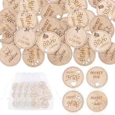 Imagem de 200 peças de símbolo de abraço de bolso de madeira com 4 peças de sacos de organza abraço de bolso em massa lembrança pequeno coração estrela bolso redondo lembrança de abraço para família aniversário