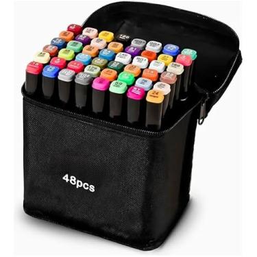 Imagem de Kit 48 Canetas Marcadores Artísticos com Ponta Dupla (Fina/Larga) | Tinta de Álcool, Secagem Rápida e Sem Borrões | Estojo Incluso | Ideal para Ilustração, Design, Mangá