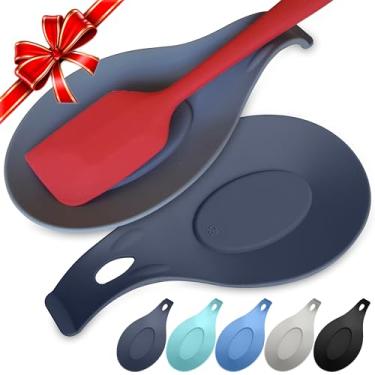 Imagem de Descanso de colher de silicone para fogão conjunto de 2 - resistente ao calor fácil de limpar descanso de colher de cozinha para balcão de cozinha - suporte de colher de silicone para fogão - descanso de colher antiaderente de silicone pode segurar 2 peças grandes