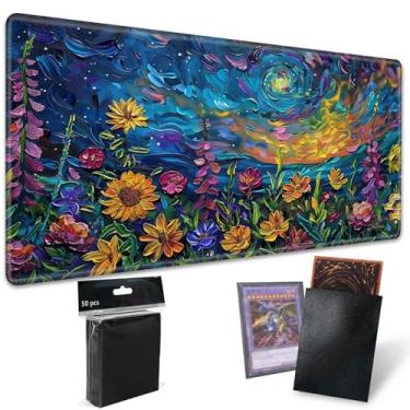 Imagem de Playmats for Magic: The Gathering MTG Card Game Mat Plus 50 Pcs Card Sleeves, 24 x 14 inch TCG Mat with Stitched Edge for Commander Deck Duskmourn Board Game, Vibrant Wildflowers