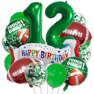 Imagem de Balão de rugby verde número 12. Balões grandes de alumínio de 12º aniversário, balões coloridos de 12 anos, bola de oliveira, balões esportivos de 12 anos, kits de balões de festa, meninos, decoração