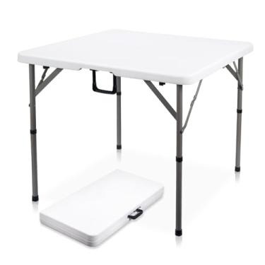 Imagem de Mesa de cartão dobrável quadrada de 86 cm, mesa de jantar portátil dobrável ao meio HDPE para serviço pesado, plástico branco, com alça de transporte, ambientes internos e externos, para piquenique,