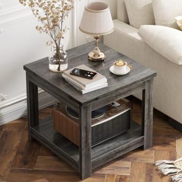 Imagem de Homieasy Mesa de canto quadrada, mesa lateral de fazenda de 51 x 50 cm com prateleira de armazenamento, mesa de destaque industrial para sala de estar, quarto, espaço pequeno, carvalho cinza
