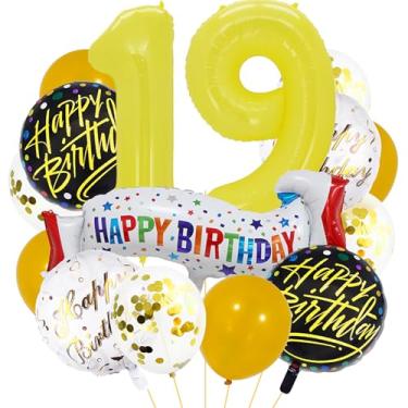 Imagem de Balões amarelos número 19. Balões de alumínio grandes de aniversário amarelos, balões coloridos de 19 anos para decoração de festa de aniversário de 19 anos, suprimentos de decoração de festa de