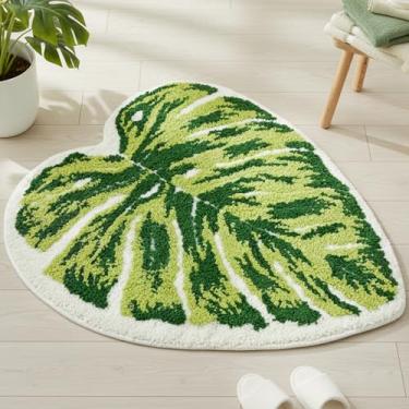Imagem de Tapete de folhas Monstera, tapete de banheiro: pelúcia macia em forma de planta verde tropical antiderrapante lavável à máquina tapete para chuveiro, chão, banheiro, cozinha e decoração de berçário