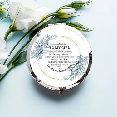 Imagem de Espelho compacto prateado, espelho de maquiagem dobrável dupla face de 7 x 7 cm com design floral To My Girl, presente ideal para mulheres