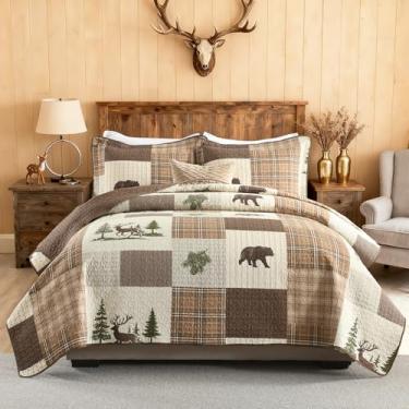 Imagem de PERHOM Conjunto de colcha Cabin Queen, 100% algodão, colcha queen de fazenda, árvore da floresta, marrom, urso, cervo, xadrez, patchwork, reversível, cobertor/edredom, 3 peças, marrom/bege/verde