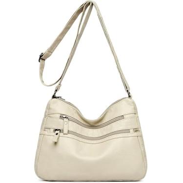 Imagem de Bolsas transversais de couro para mulheres, bolsa de ombro de couro macio com vários bolsos com alça ajustável, preta 26 x 20 cm, Bege, Medium