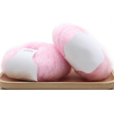 Imagem de 1 rolo de fio de mohair 25 g angorá pequeno fio de lã longo multicolorido para tecer cachecóis, xales, suéteres, chapéus e artesanato - rosa claro