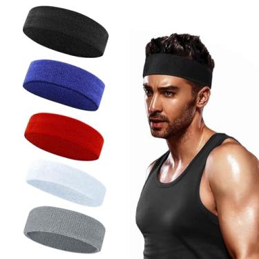 Imagem de Faixa de cabelo esportiva para homens e mulheres, 5 peças, faixa de cabelo com absorção de umidade, tecido de algodão atlético, faixa de transpiração para tênis, basquete, corrida, ciclismo, academia
