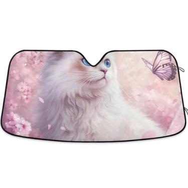 Imagem de Toldo de sol personalizado de gato Ragdoll flor de cerejeira para para-brisa de carro bonito retrátil dobrável caminhão carro persianas para-brisa frontal P, 134,6 cm x 59,7 cm
